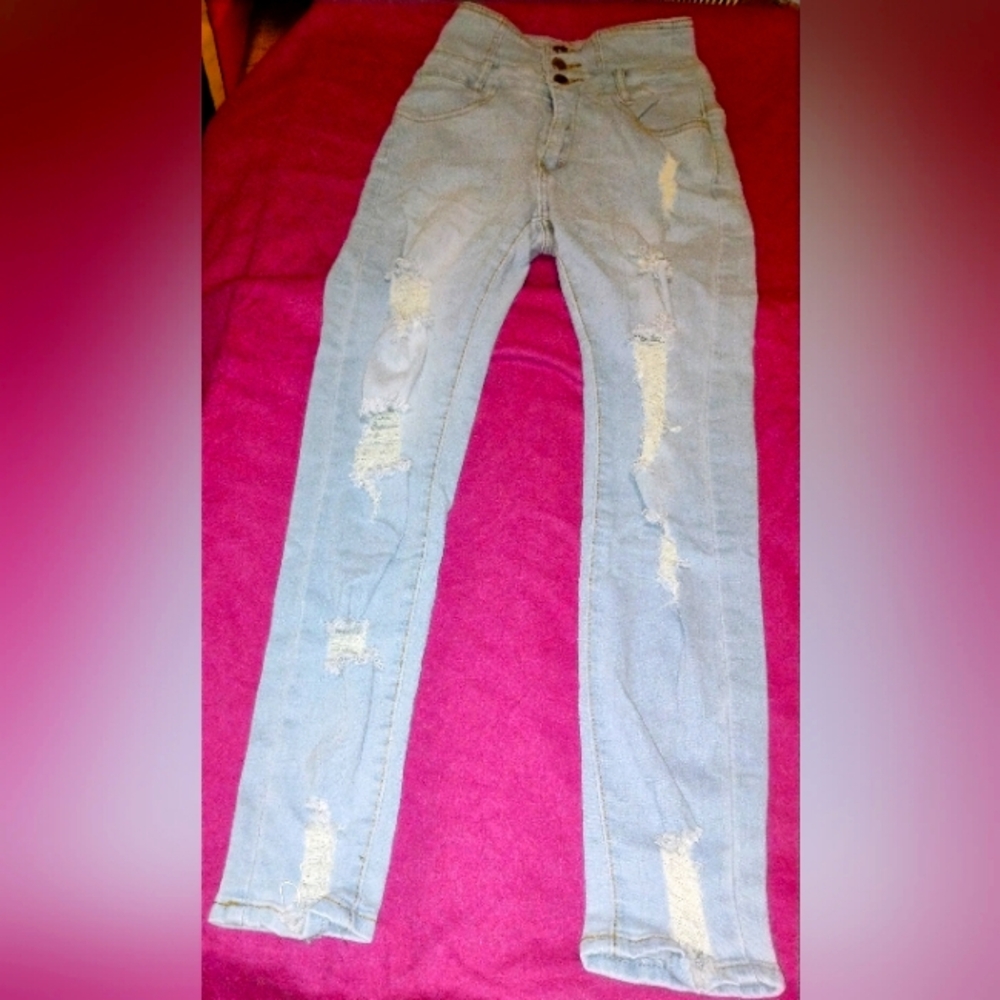 High waist light blue distressed denim jeans Size XSMALL (NWOT)